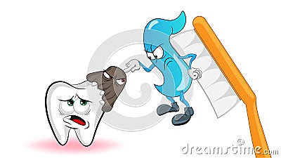 Cartoon characters. The microbe attacks the tooth, and in this momet the paste on the brush interferes with the conflict. The conc Vector Illustration